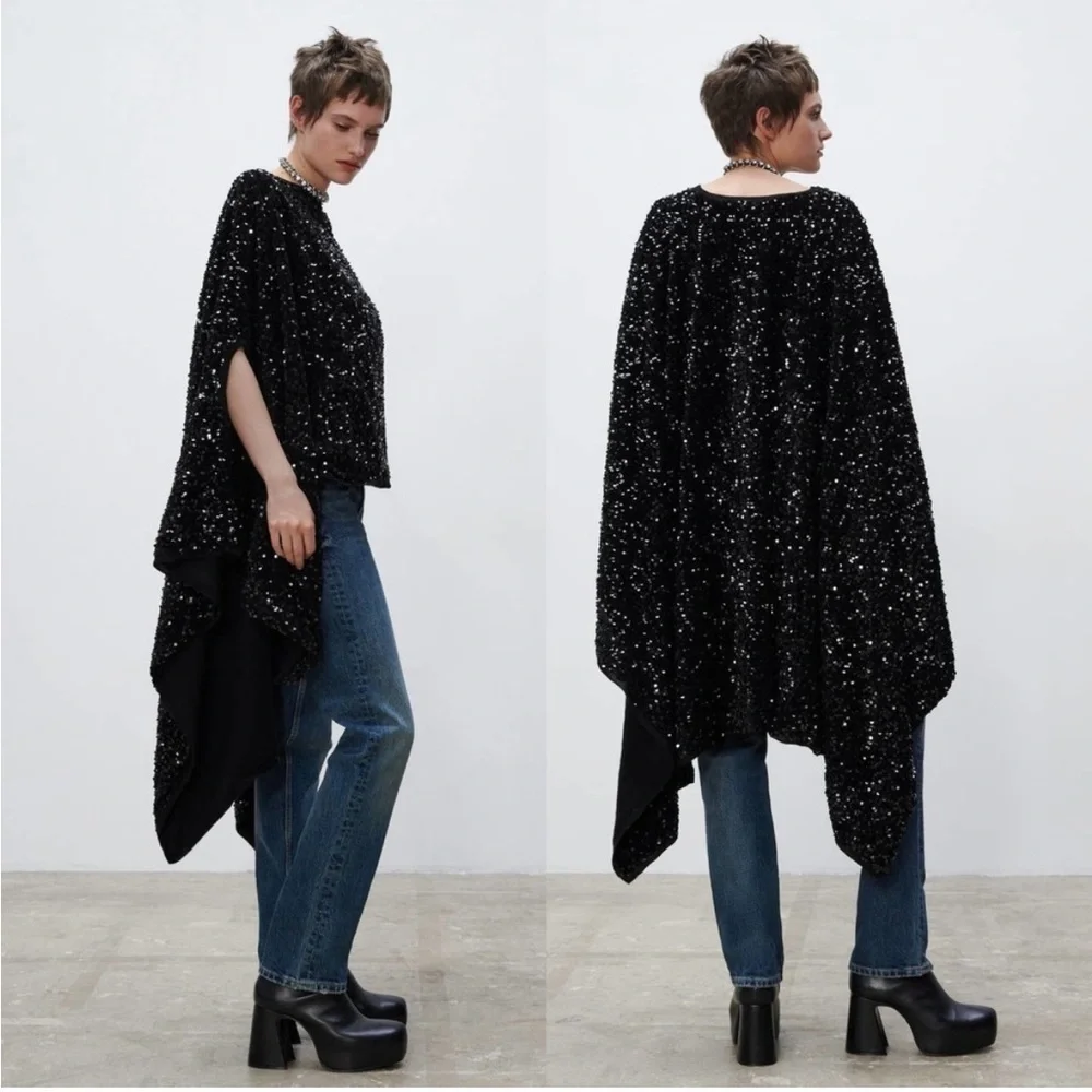 Rare and hard to find ZARA LIMITED EDITION SEQUIN CAPE / WOOL KNIT PONCHO BLACK - Picture 6 of 17